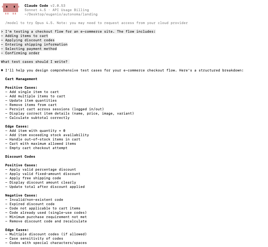 AI-generated test cases showing comprehensive coverage including edge cases