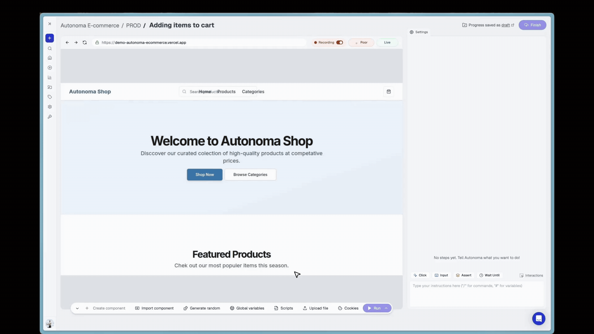 Canvas interface showing click-and-record test creation with plain language assertions