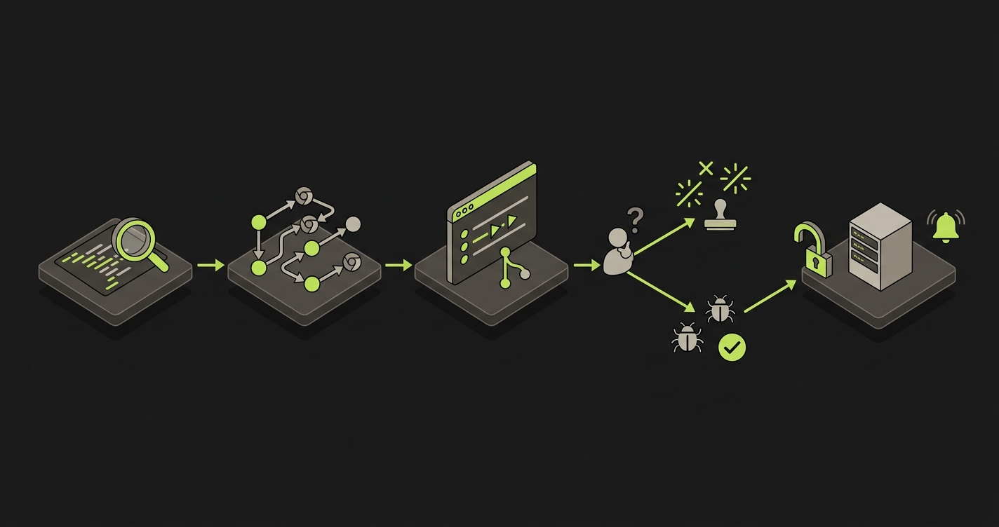 Autonoma pre-deploy workflow showing codebase reading, generated test paths, browser replay, reviewer triage, and a pull request gate before production