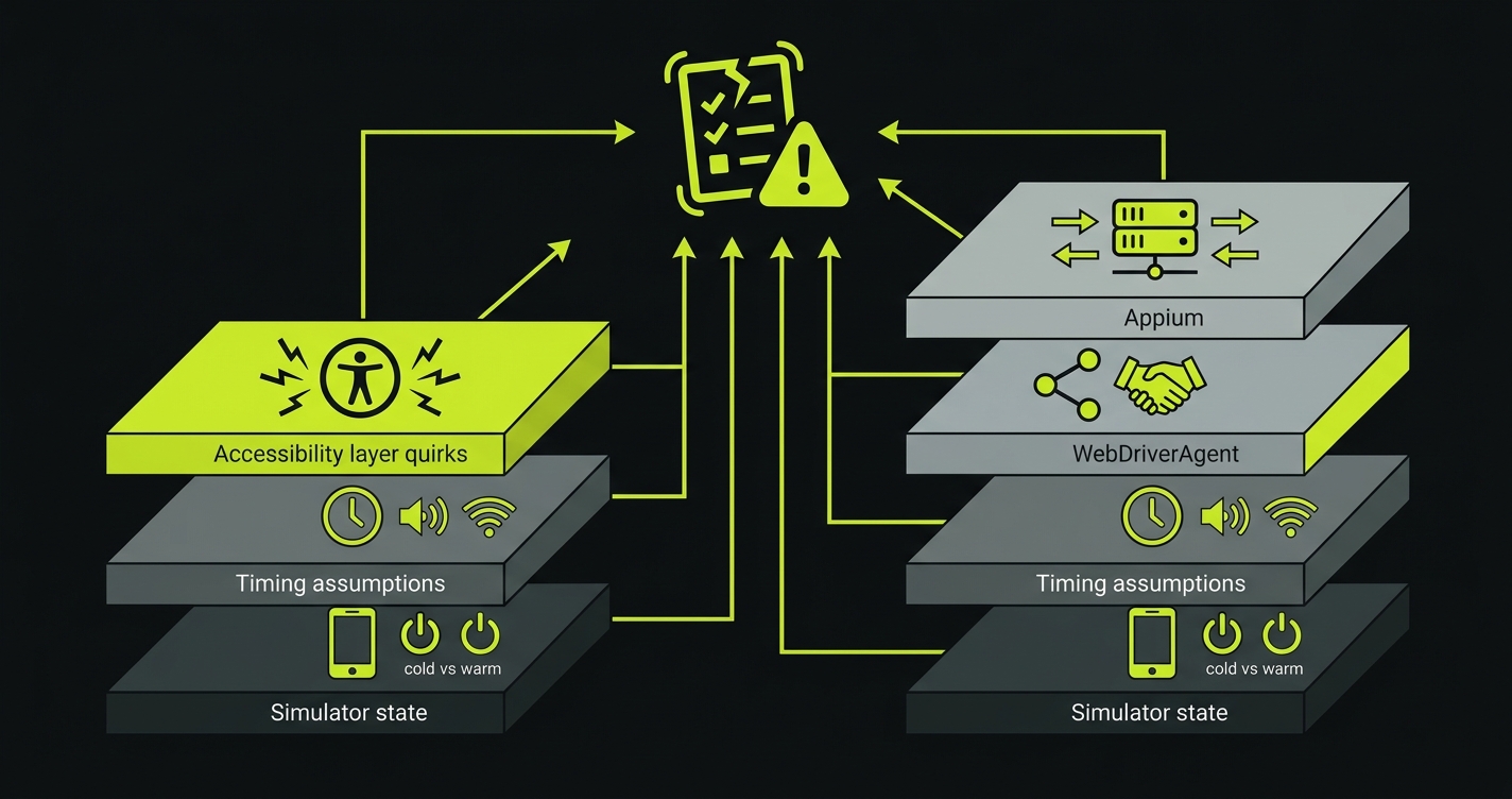 Layered diagram comparing flakiness sources in XCUITest versus Appium, showing Appium has additional failure surfaces from WebDriverAgent and the Appium server process