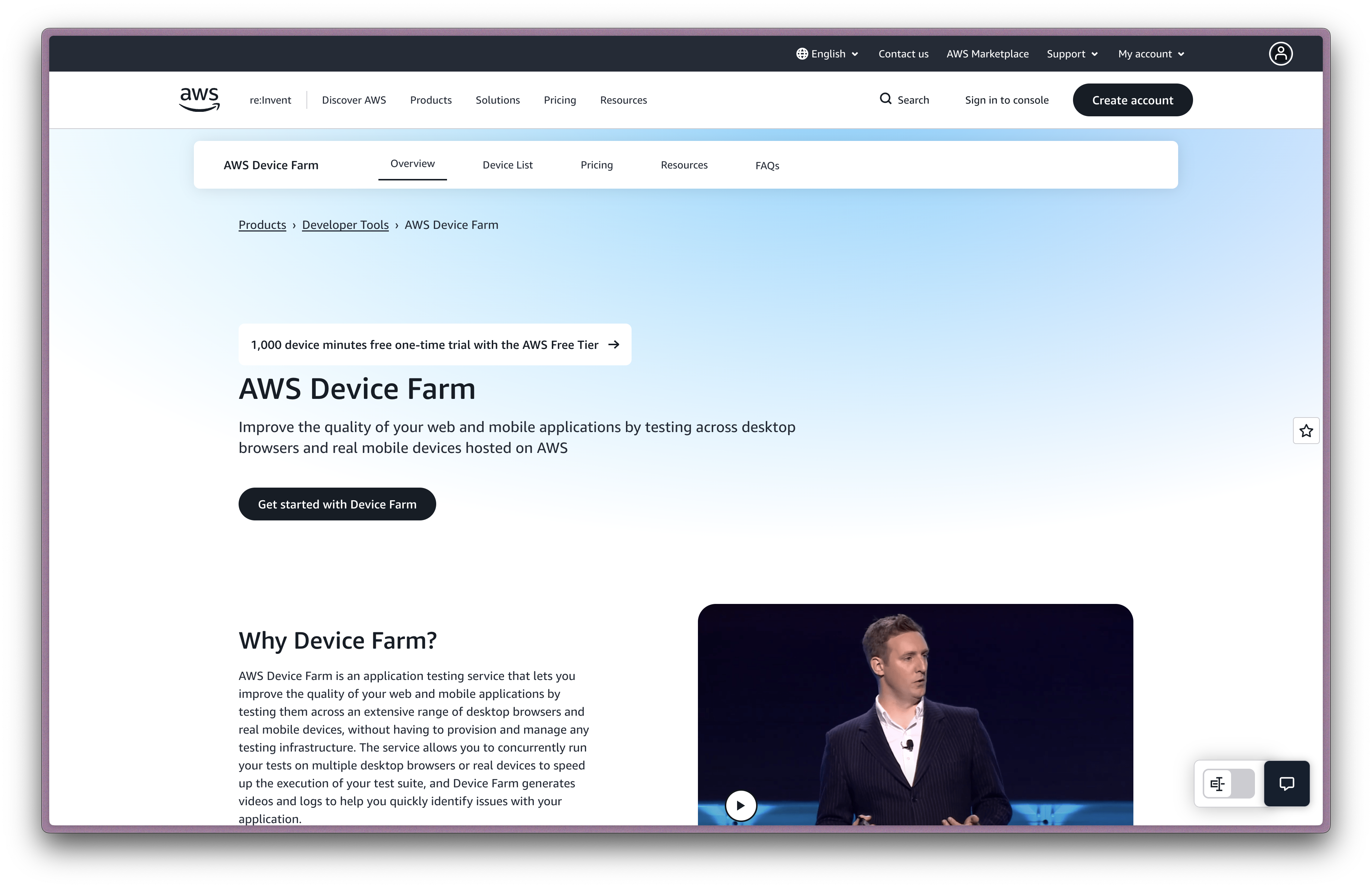 AWS Device Farm landing page showing unlimited testing plans as a BrowserStack alternative for AWS users