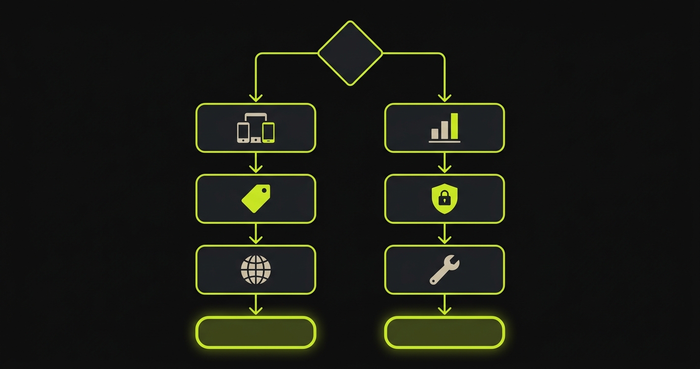Decision flowchart showing two paths for choosing a cloud testing platform based on priorities like device scale, pricing, analytics, and compliance