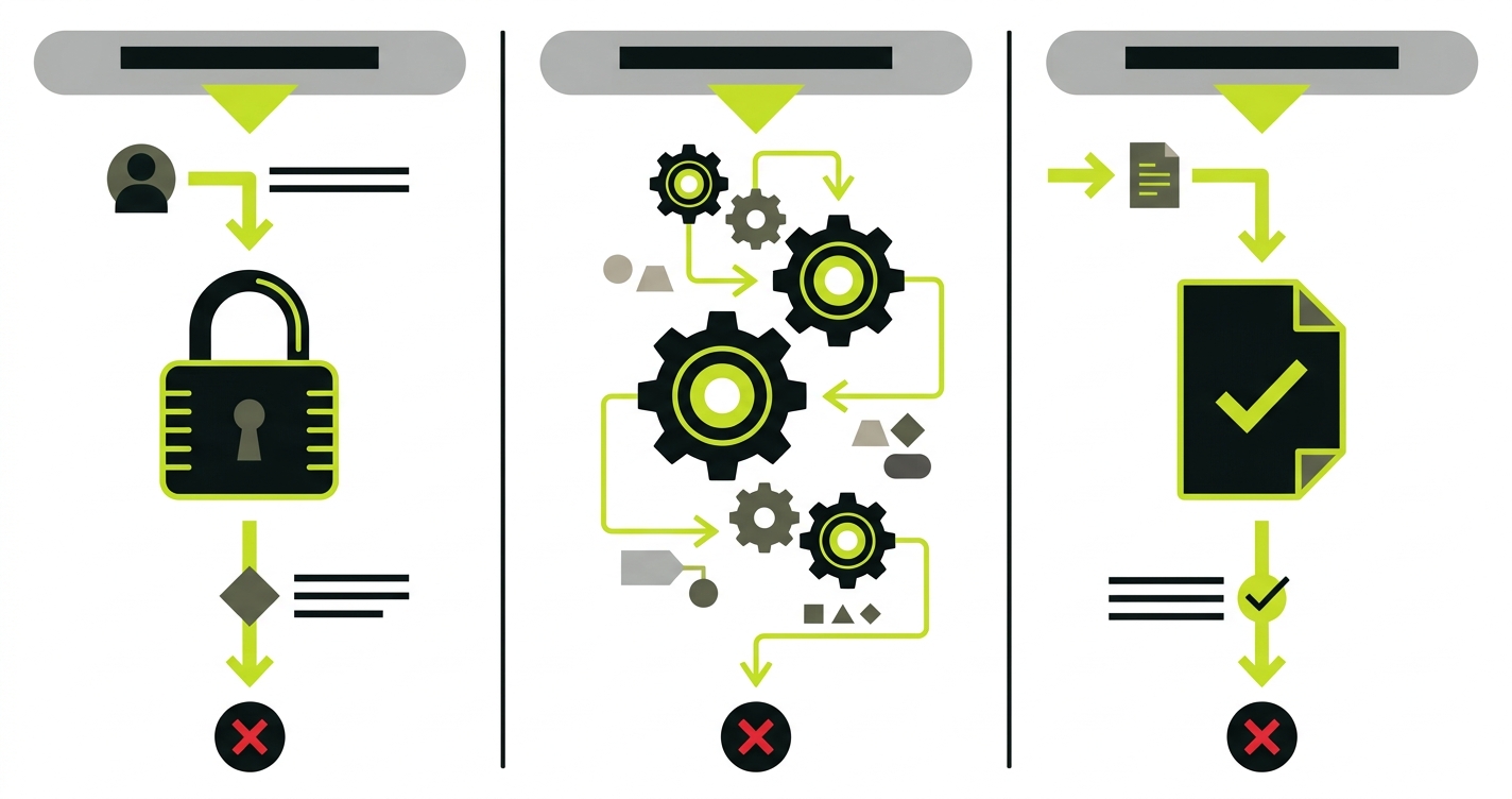 Three critical pilot paths — authentication, workflow, and output — each with red failure indicators