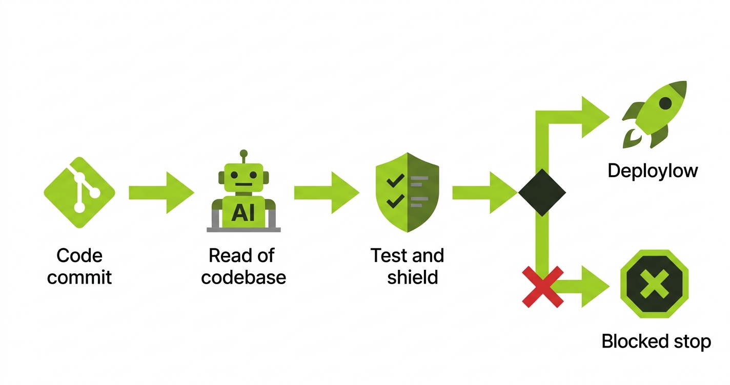 CI pipeline: code commit flows through AI codebase analysis and test shield, deploying or blocking