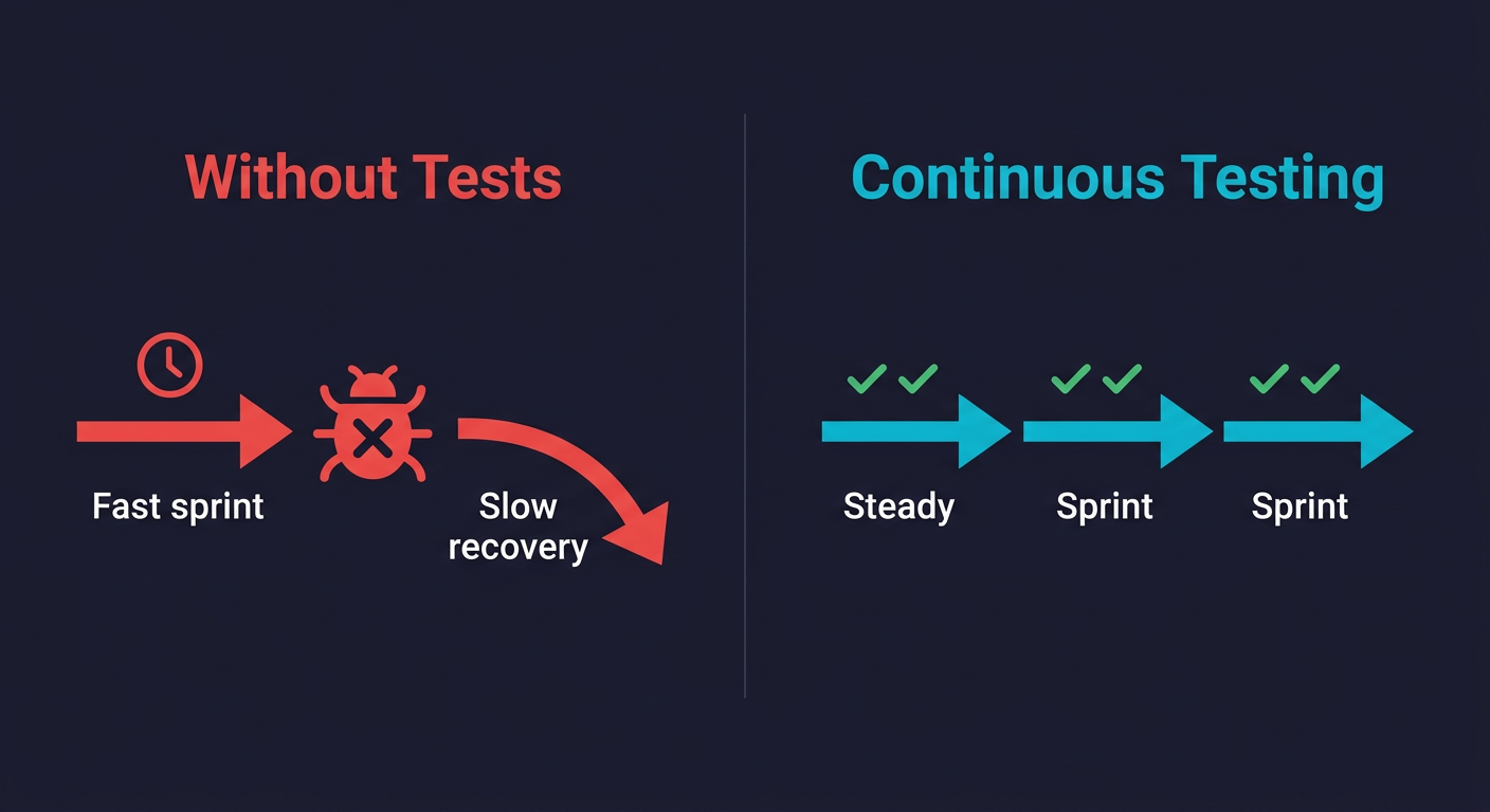 Velocity comparison between teams without tests and teams with continuous testing showing diverging outcomes over time