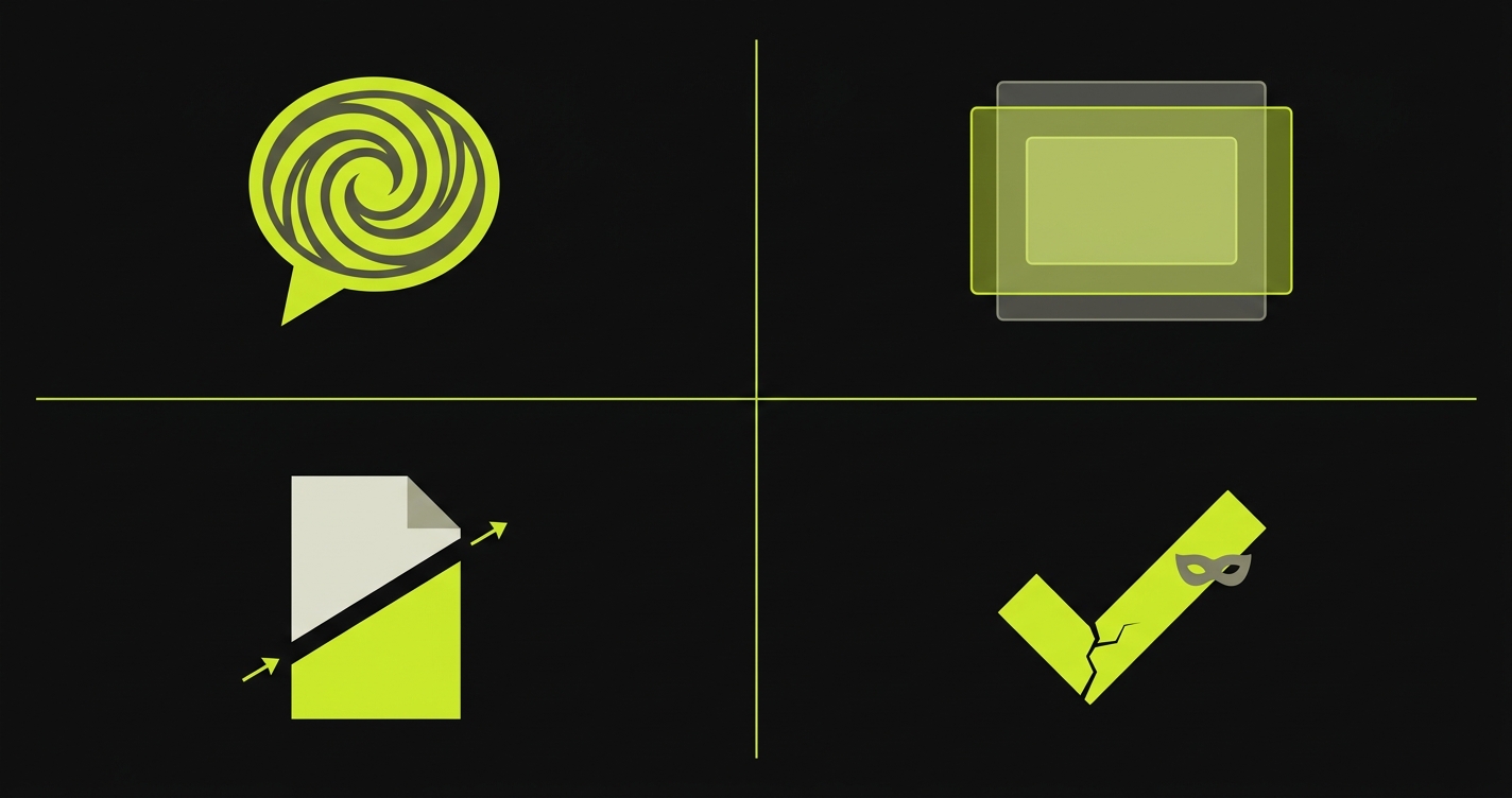 Four-panel diagram of ai coding agent qa failure patterns: hallucinated assertions, mocked-too-much, deleted-the-failing-test, and faked success messages