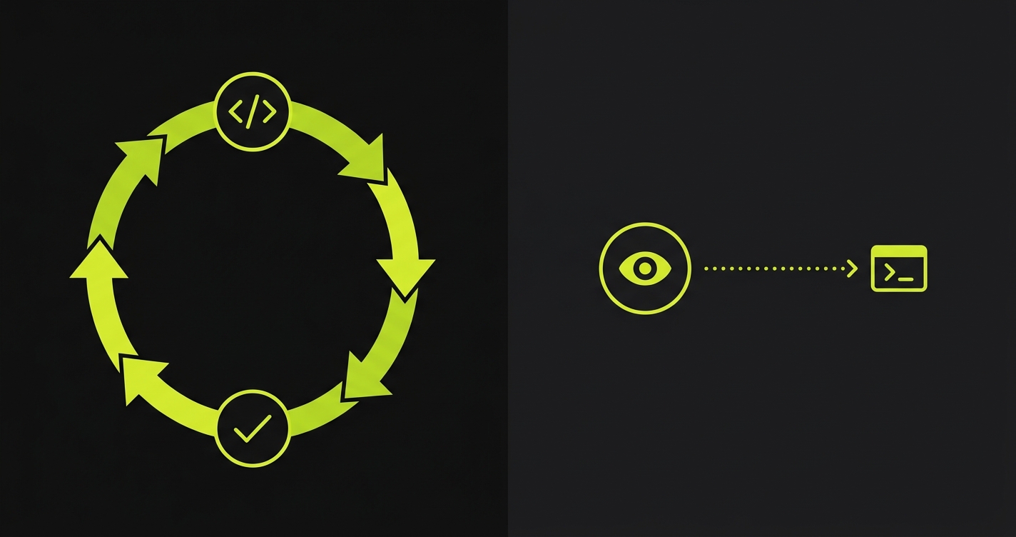 Diagram showing why coding agent testing fails: code generation and test generation share the same context window, with no path to the running application's actual behavior