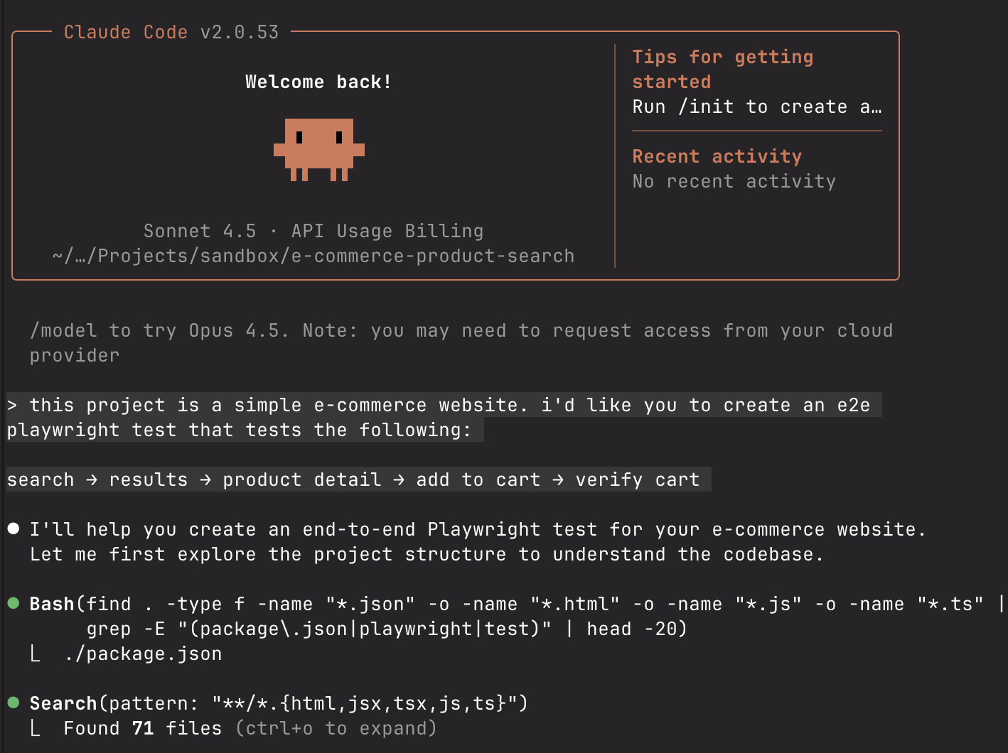 Claude Code generating E2E Playwright test from natural language prompt