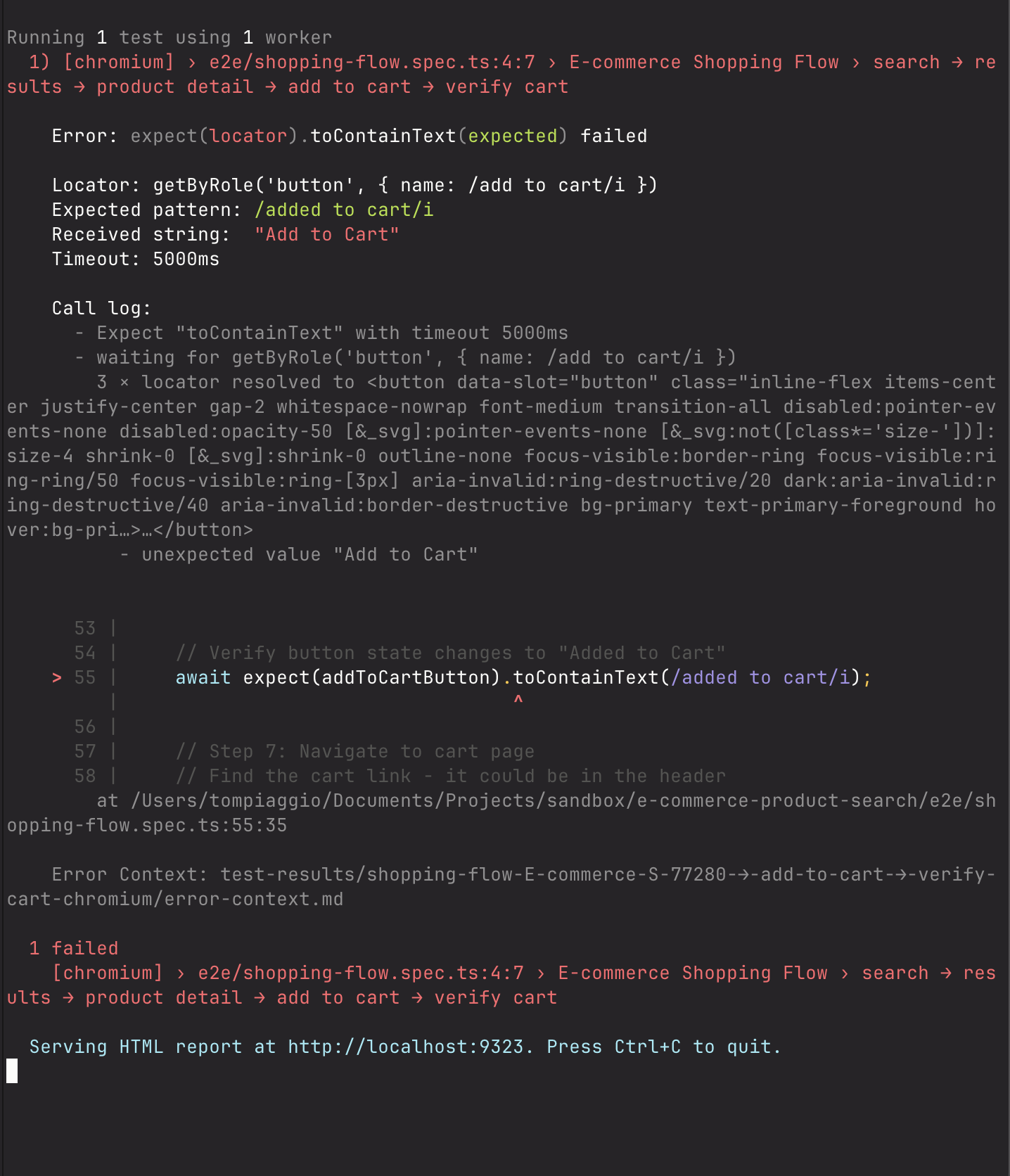 Cursor AI E2E test first failure - selector not found