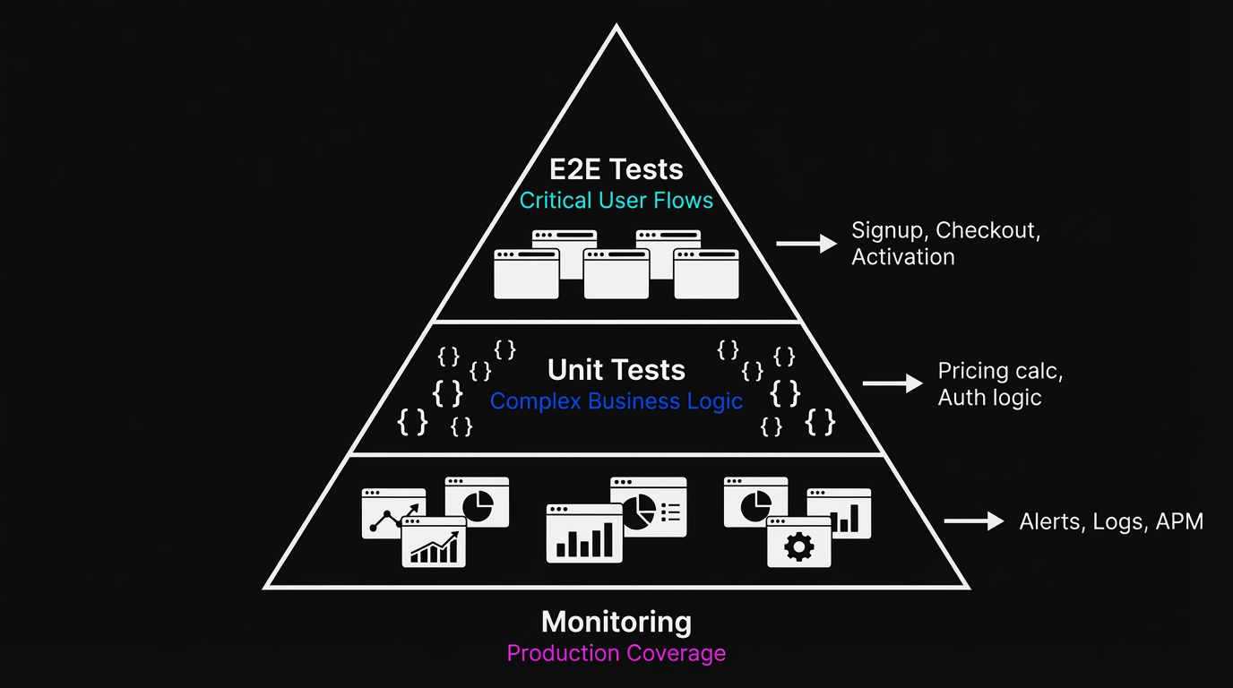 Diagram showing the testing hierarchy for startups: a small number of E2E tests covering critical user flows, unit tests covering complex business logic, and monitoring covering production