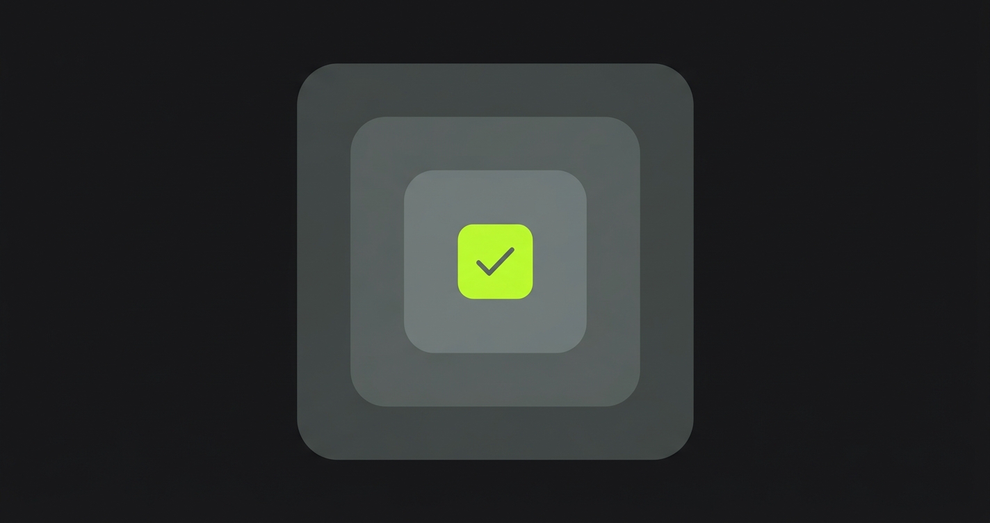 Happy path concept: nested layers converging on a single green checkmark, representing the singular default flow where every step succeeds.