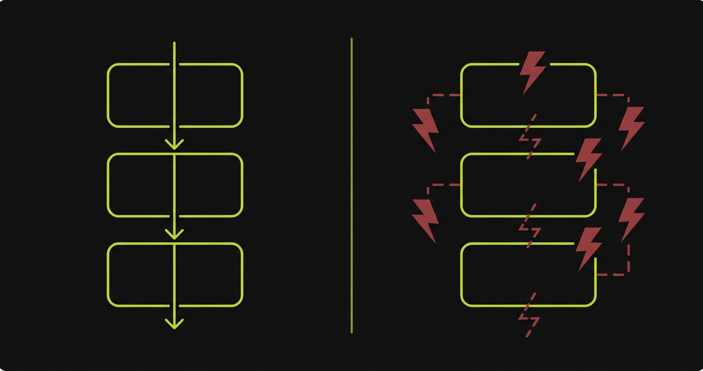 Side-by-side: a clean linear three-step flow that the coding agent generates, versus the same flow in production, riddled with failure points the test suite never exercised.