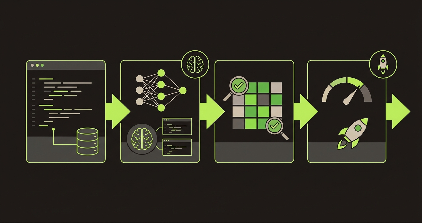 Timeline showing four migration phases: connect repo, AI generates tests, validate coverage, and go live