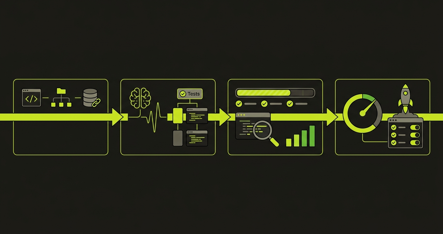 Timeline showing 4 migration phases: Connect Repo, AI Generates Tests, Validate Coverage, Go Live