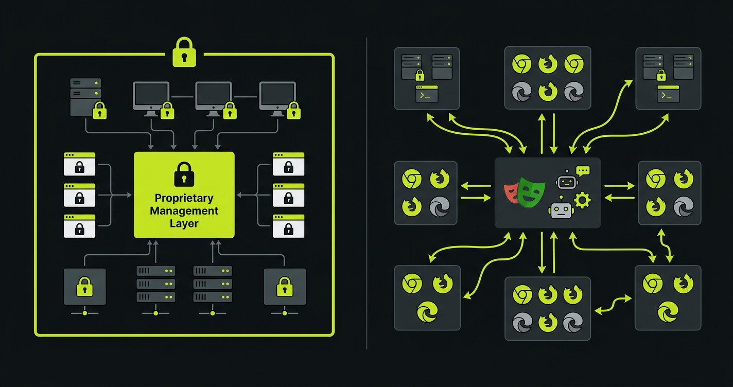 Architecture comparison: SeleniumBox proprietary Selenium grid behind firewall versus Autonoma open-source Playwright and AI agents