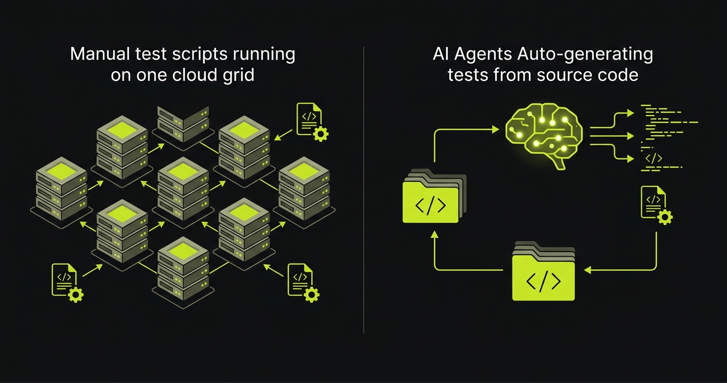 Diagram comparing TestingBot Selenium grid approach vs Autonoma AI testing approach