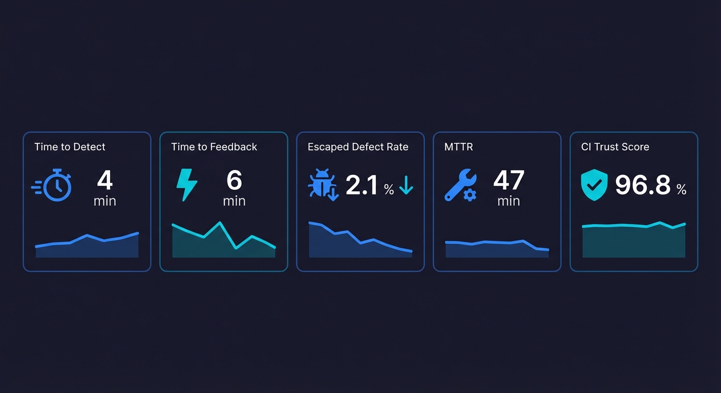 Quality engineering metrics dashboard showing time to detect, time to feedback, escaped defect rate, MTTR, and CI trust score