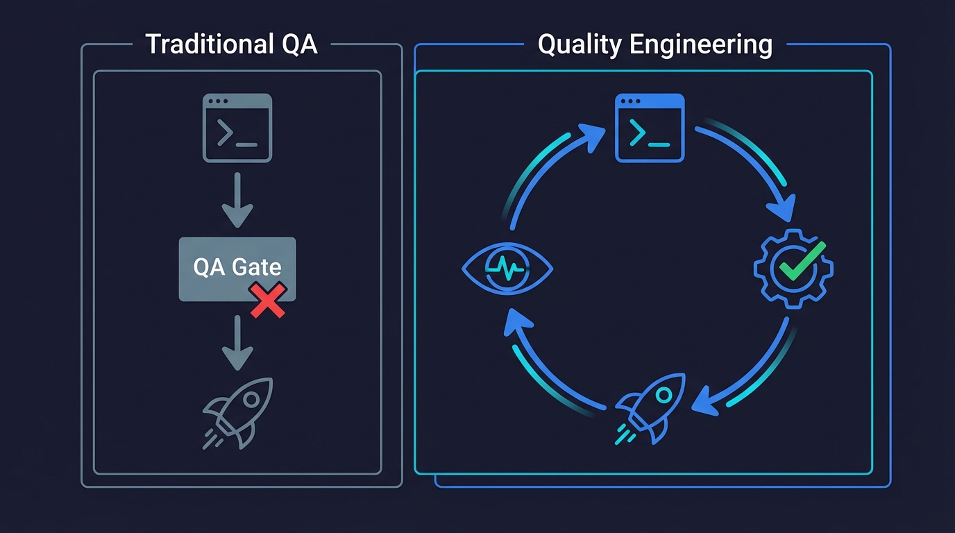 Side-by-side comparison of Traditional QA as a linear gated pipeline versus Quality Engineering as a continuous feedback loop with no bottlenecks