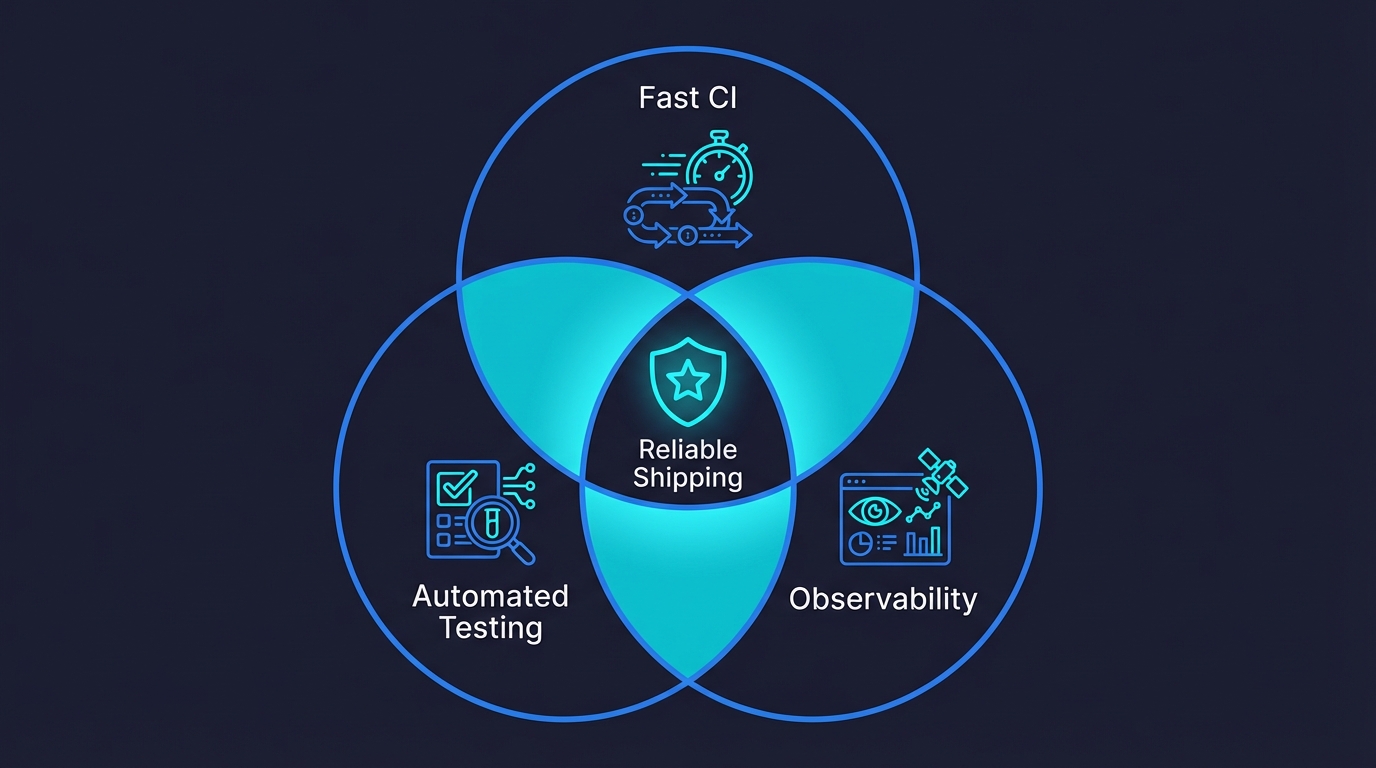 Venn diagram showing the three interlocking systems of quality engineering: Fast CI, Automated Testing, and Observability, with Reliable Shipping at the center where all three overlap