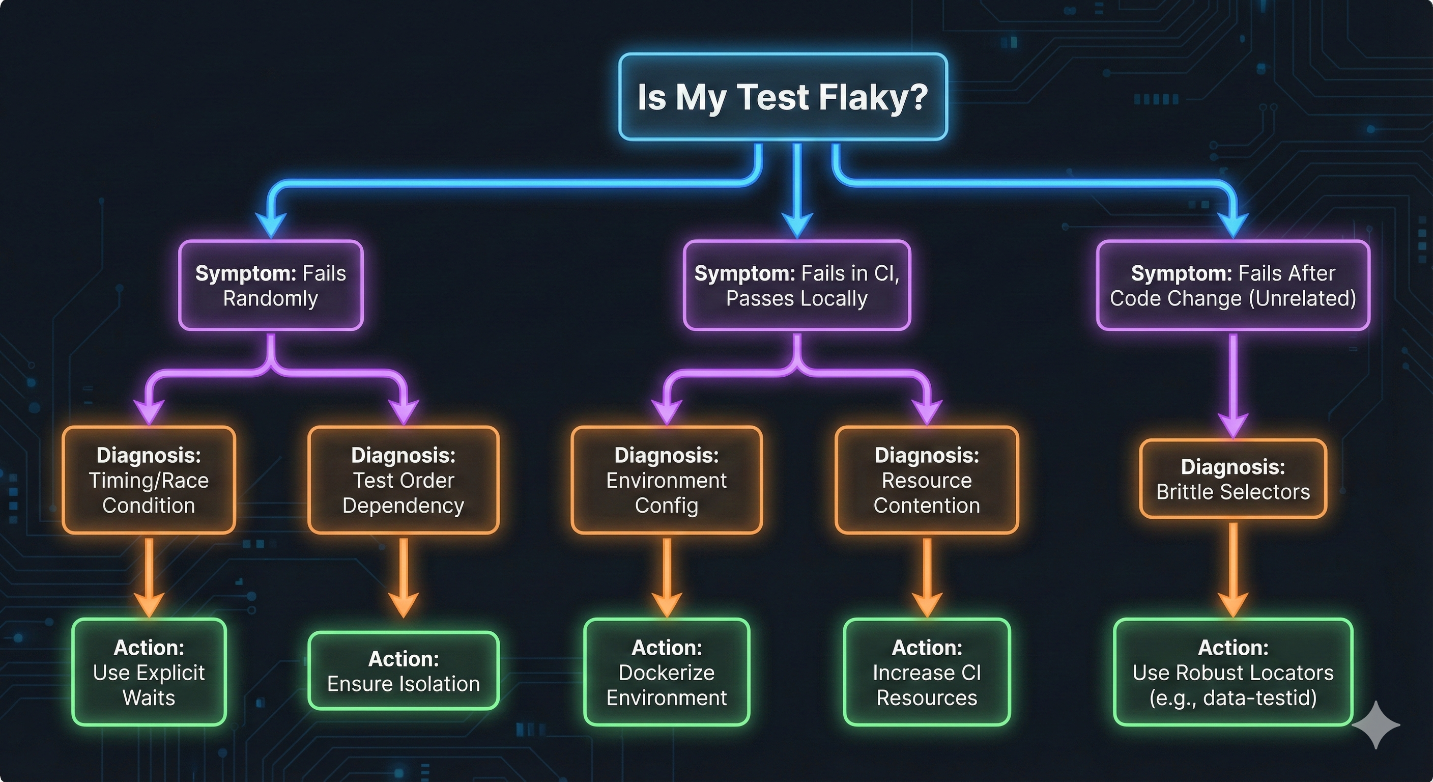 Decision tree flowchart showing Is my test flaky with branches for symptoms and diagnoses