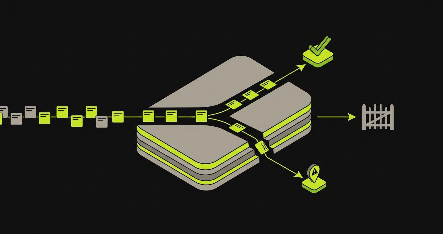 Diagram showing a stream of AI-generated pull requests feeding into a codebase-aware regression layer that distinguishes real behavioral regressions from selector drift before the merge gate