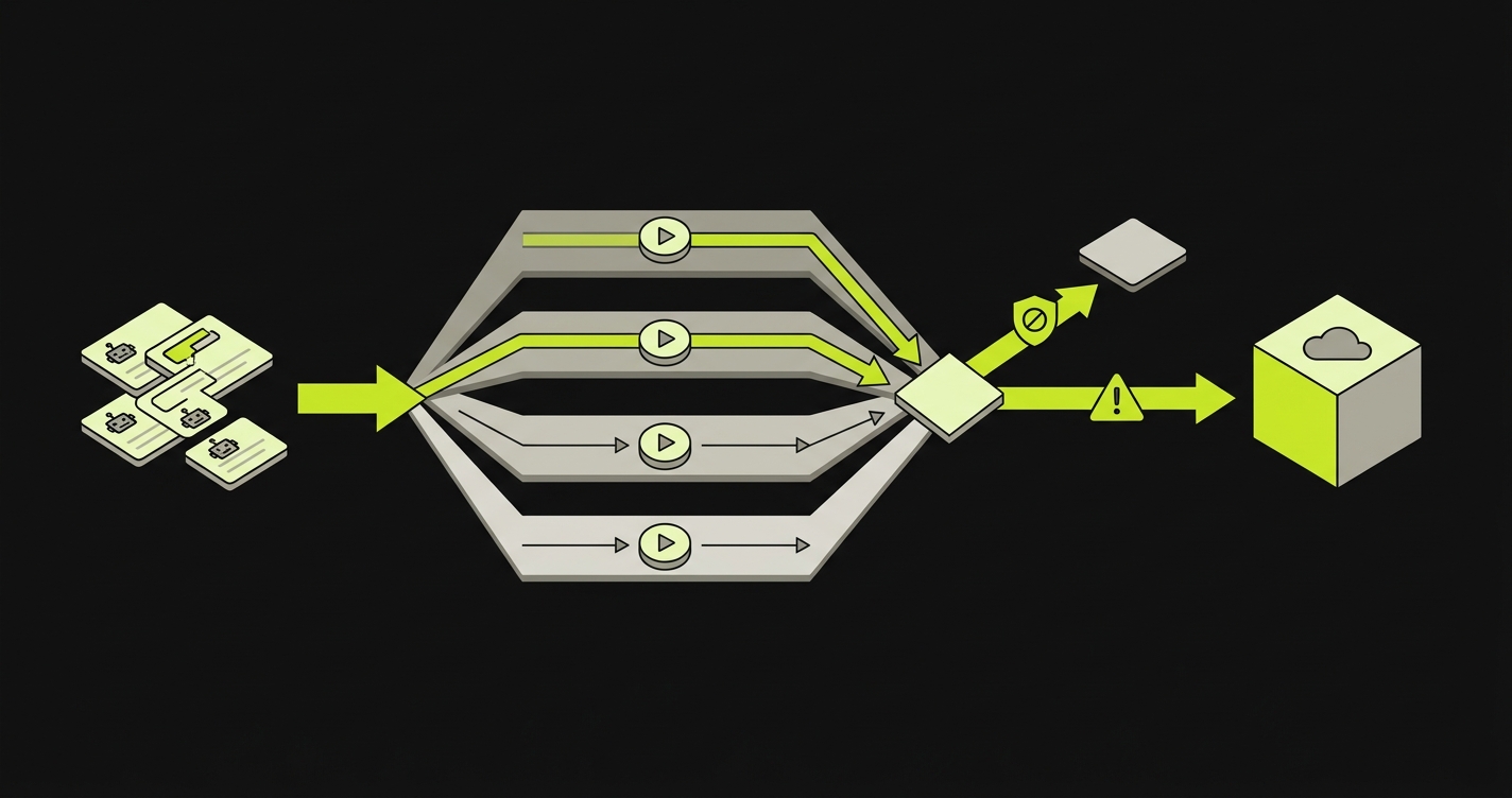 CI/CD AI code regression pipeline diagram showing agent PRs triggering parallel Replay runs, with a merge-gate decision node that blocks on intent-failure and warns on flake, then passes to staging
