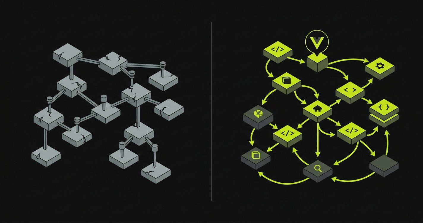 Diagram contrasting script-replay AI code regression on the left with selectors anchored to a recorded DOM snapshot, against codebase-aware regression coverage on the right where intent is re-derived from current routes and component tree on each run