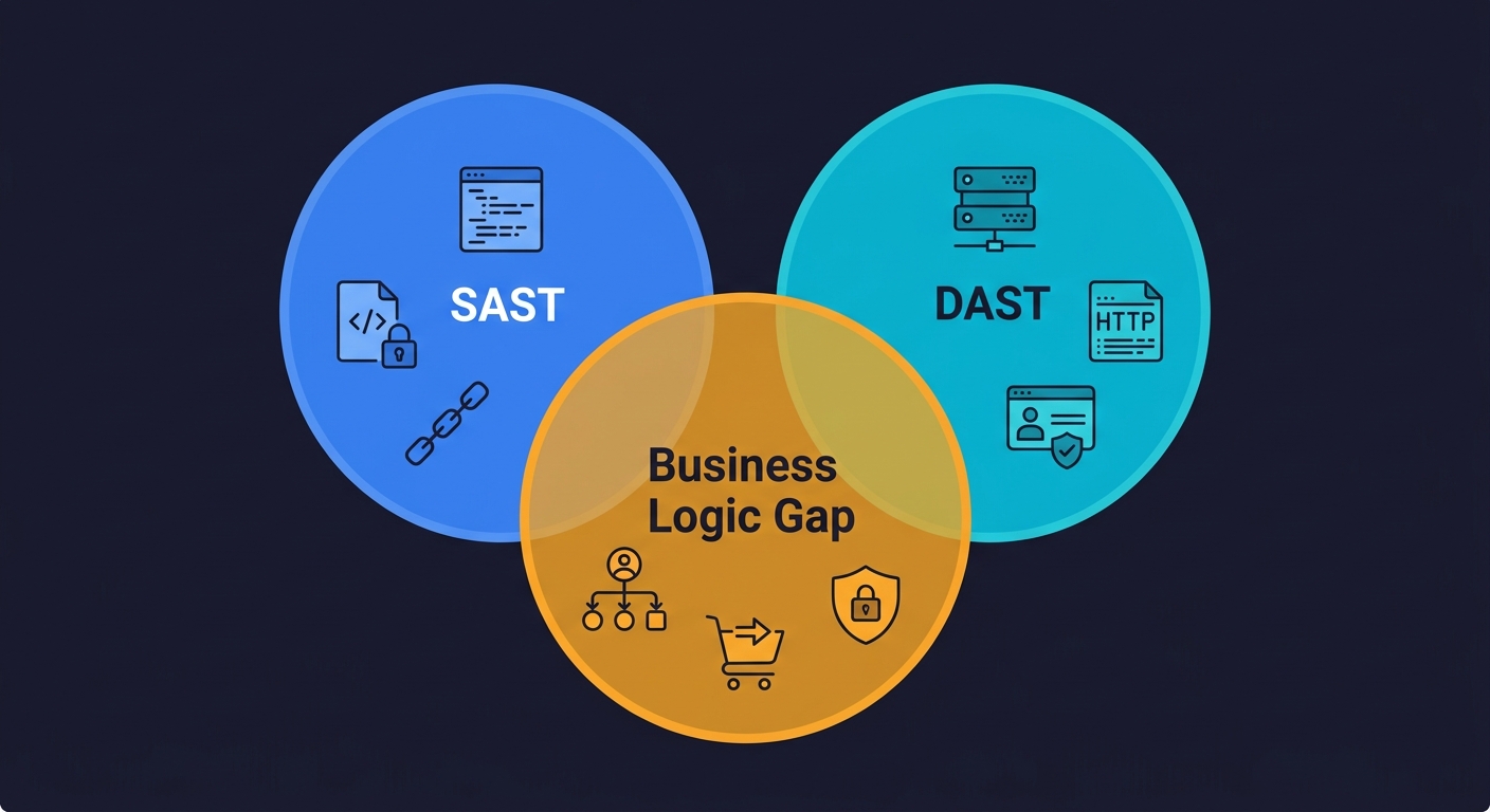 Venn diagram showing SAST coverage, DAST coverage, and the business logic gap that neither tool addresses