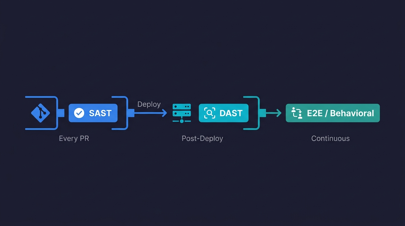 CI/CD pipeline diagram showing SAST running on every PR, DAST running post-deploy, and behavioral E2E testing running continuously