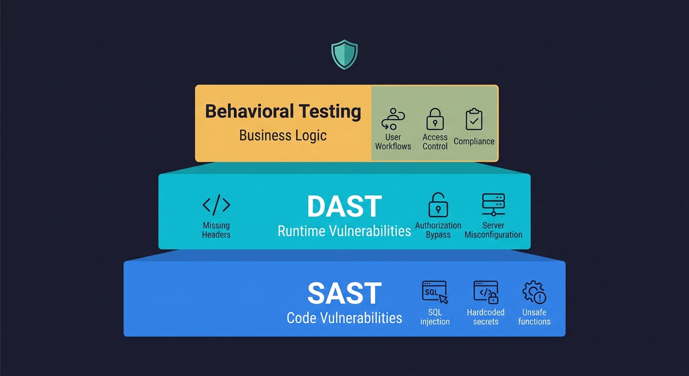 Three-tier security testing stack showing SAST for code vulnerabilities, DAST for runtime vulnerabilities, and behavioral testing for business logic