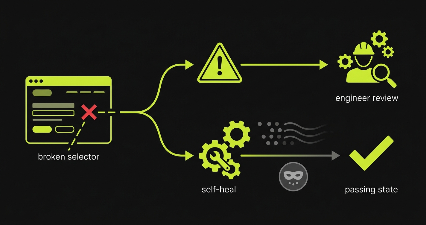 Diagram showing how silent self-healing can remove pre-deploy feedback before an engineer reviews a risky UI change