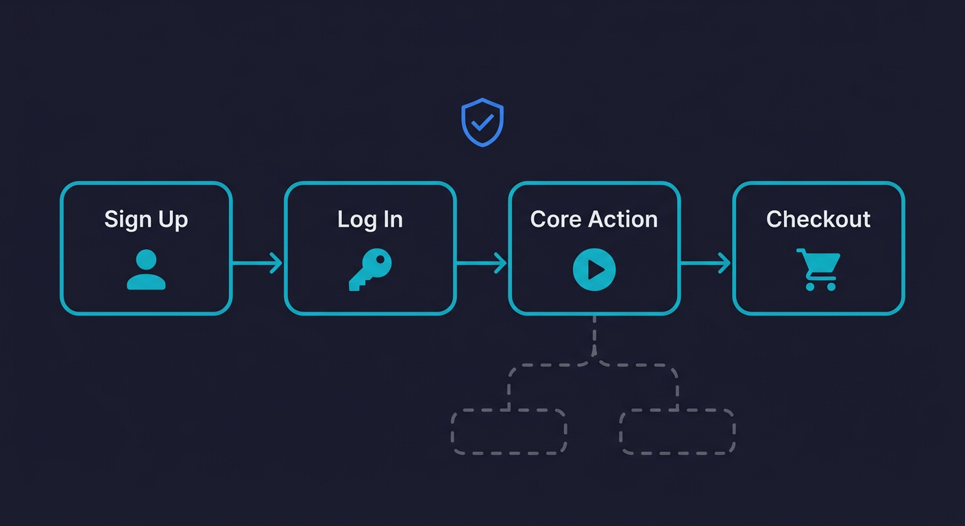 Diagram of a critical user flow path showing sign up, log in, core action, and checkout steps connected with arrows and a test coverage shield