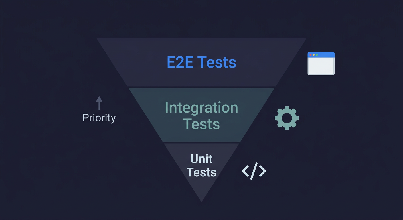 Inverted testing pyramid showing E2E tests as the top priority for small teams, followed by integration tests and unit tests
