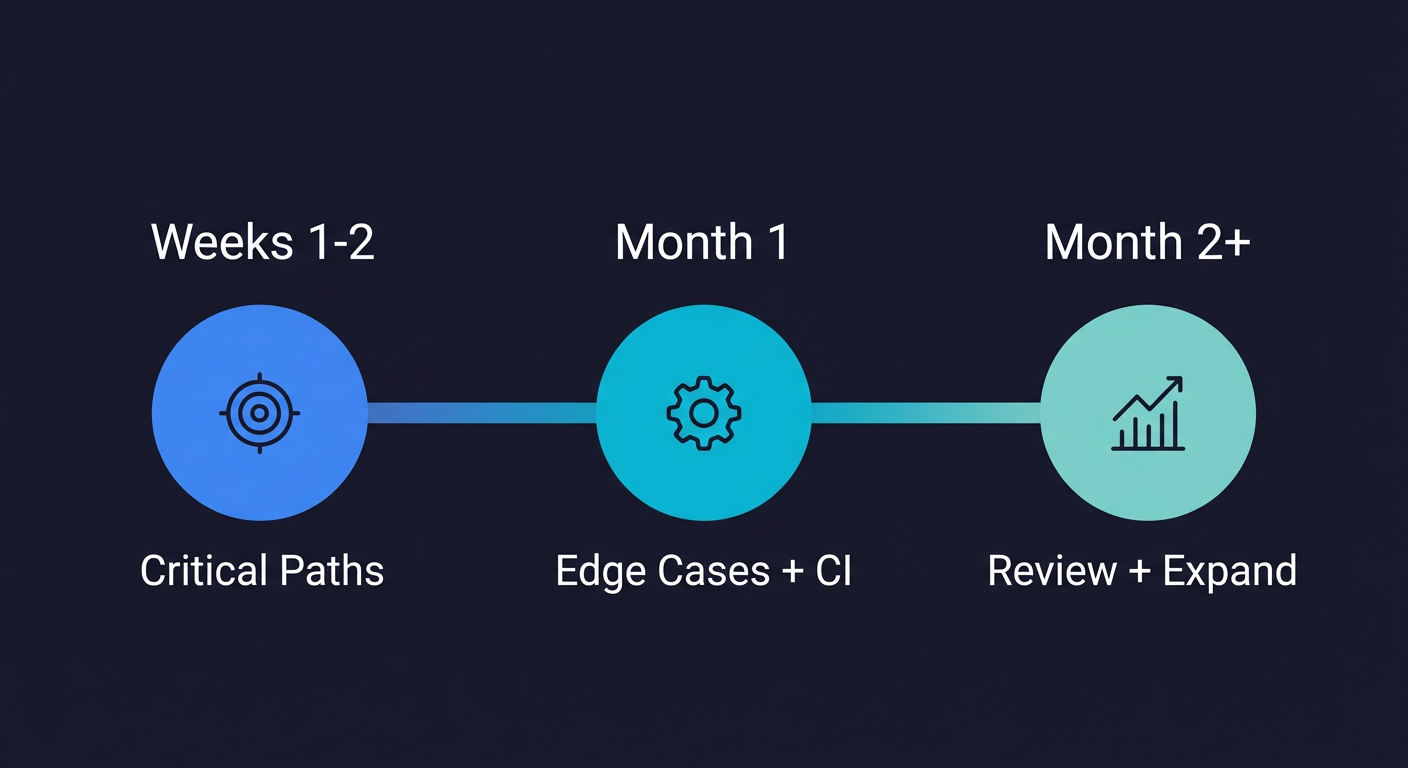 Timeline showing three phases of QA automation rollout: Weeks 1-2 for critical paths, Month 1 for edge cases and CI, Month 2 plus for review and expand