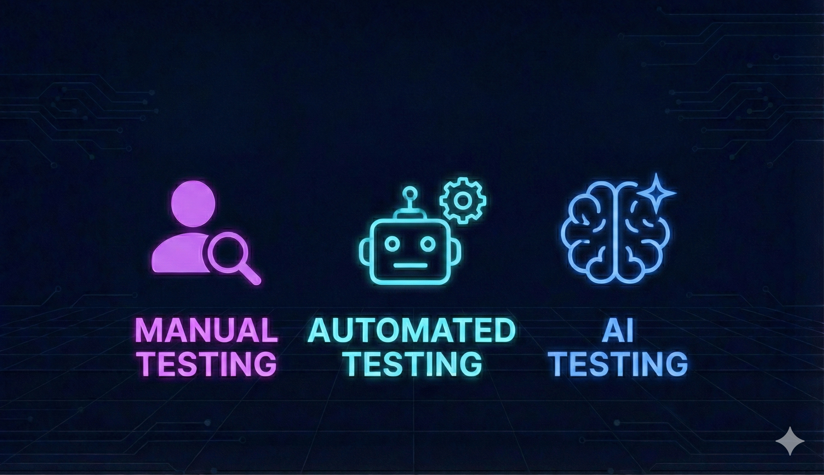 Comparison diagram showing three columns: Manual Testing, Automated Testing, and AI Testing