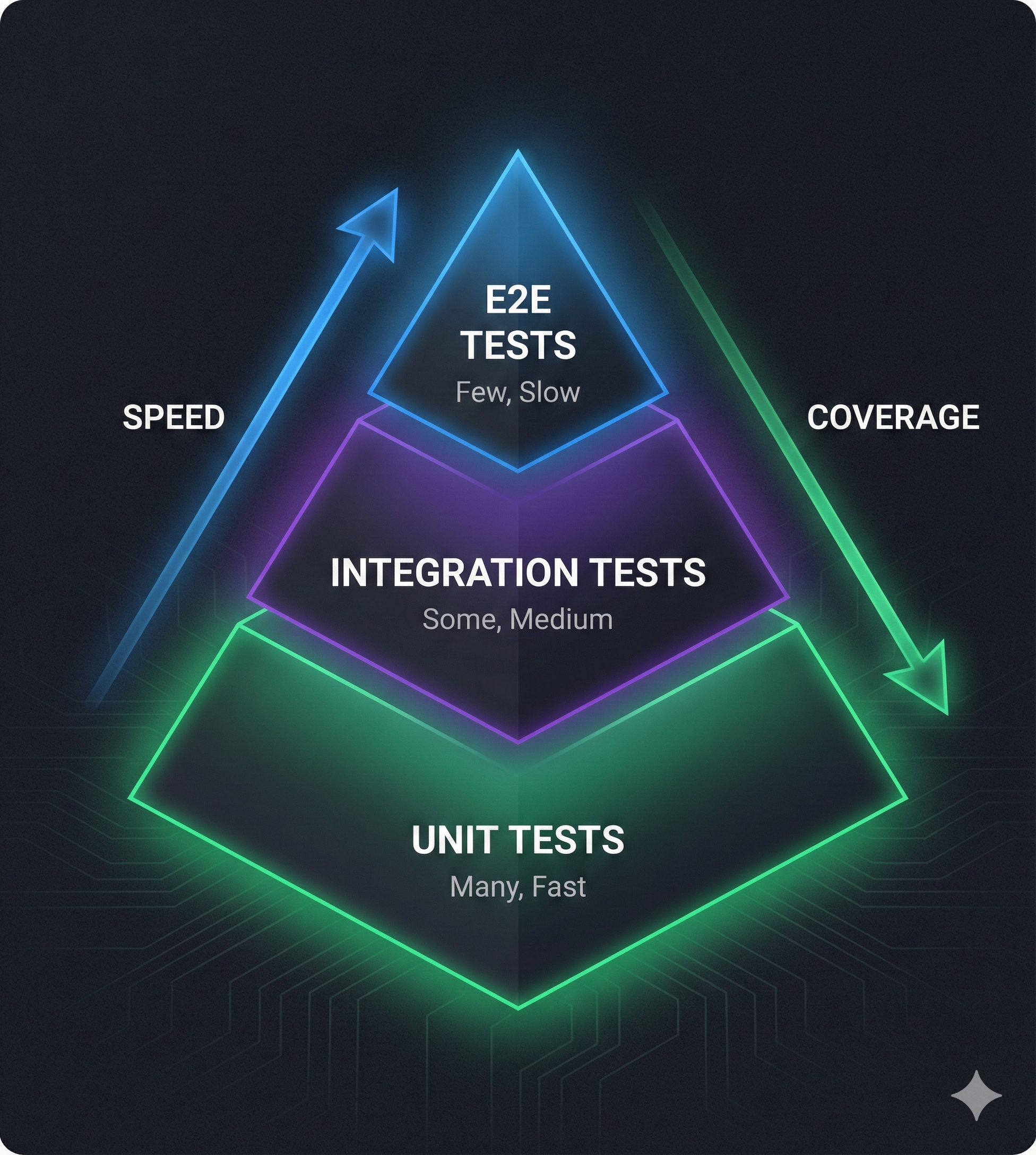 Testing pyramid showing three layers - large base for Unit Tests (70%), middle layer for Integration Tests (20%), small top for E2E Tests (10%)