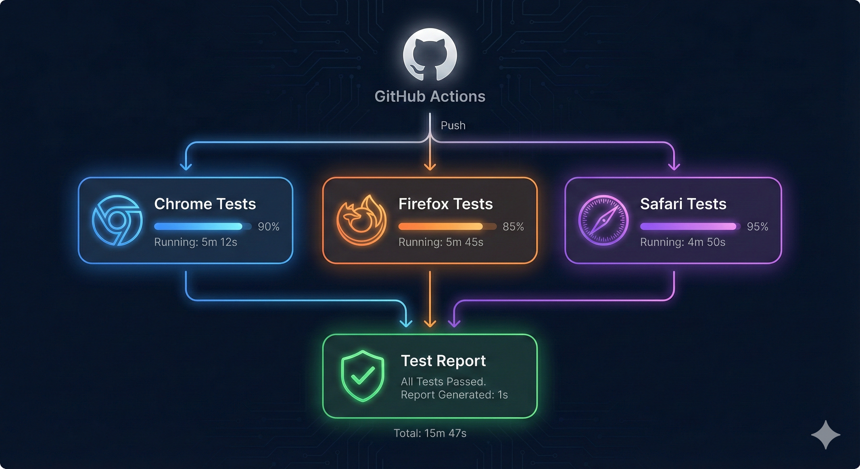 GitHub Actions workflow visualization showing parallel test execution across Chrome, Firefox, and Safari