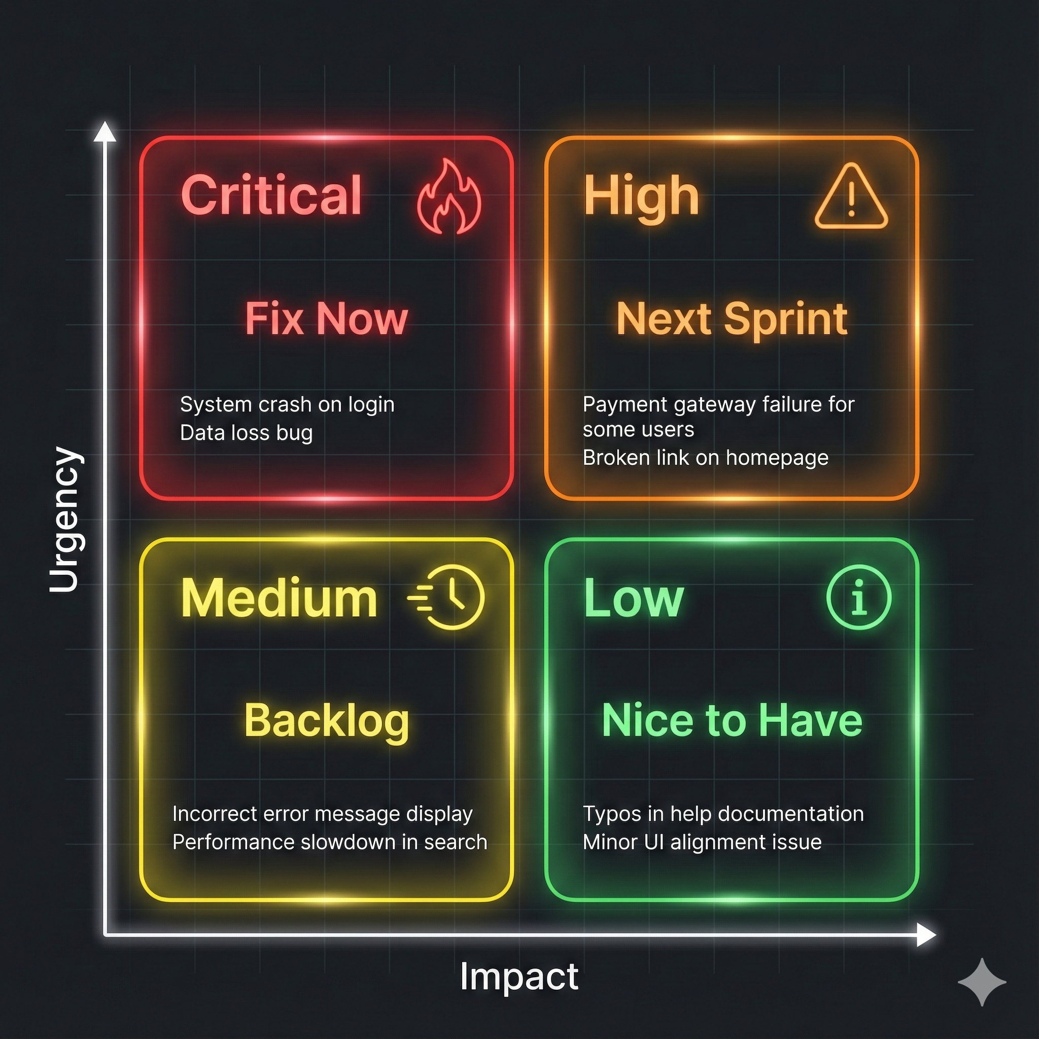 Priority matrix showing 2x2 grid with Severity and Frequency axes indicating P0, P1, P2 combinations
