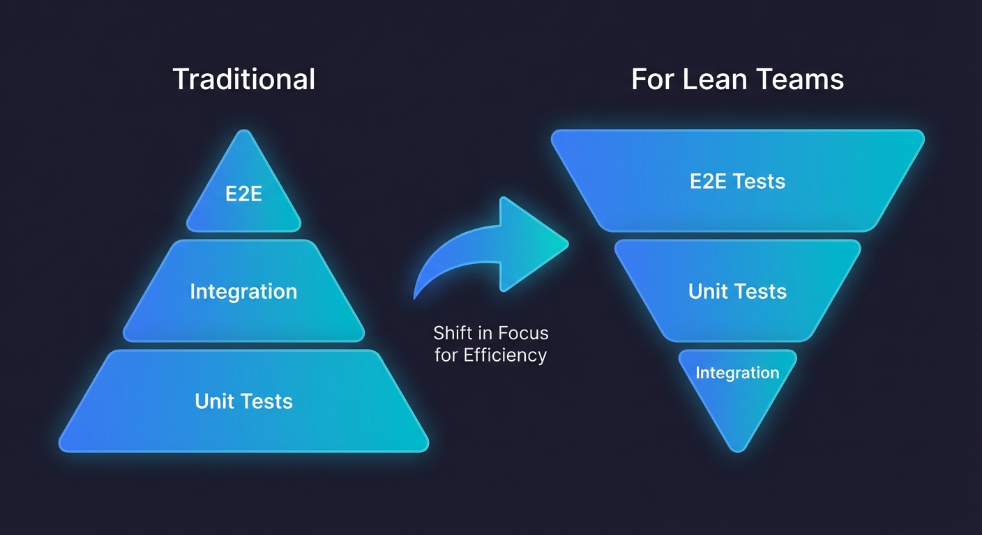 Side-by-side comparison of traditional testing pyramid versus inverted pyramid with E2E tests at the base