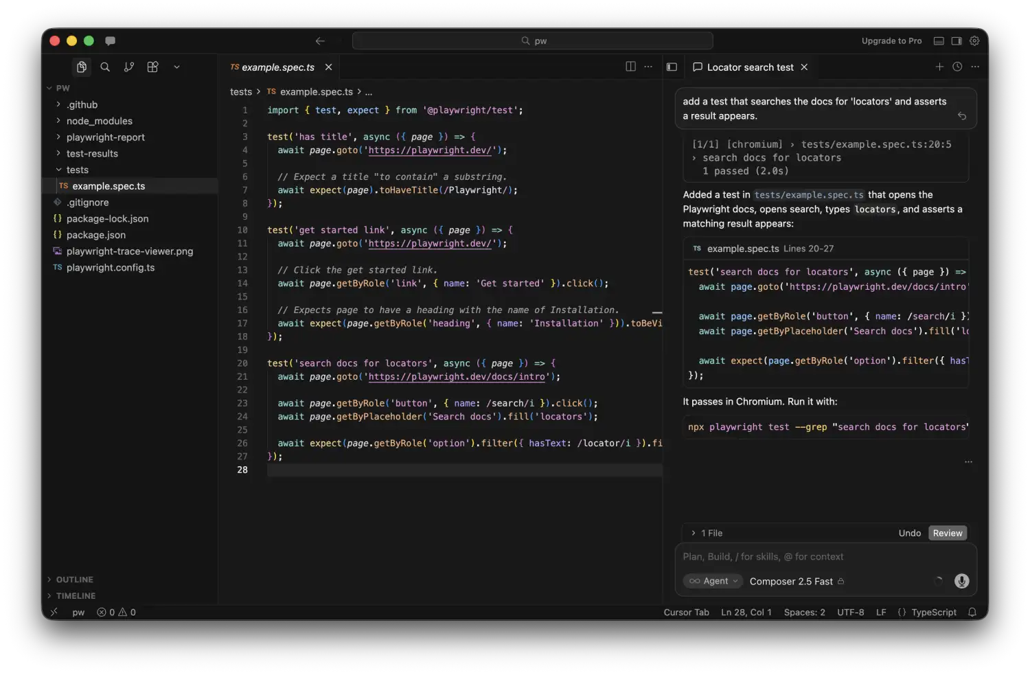Cursor editor generating a Playwright test from a natural-language prompt, with the AI panel showing a passing result