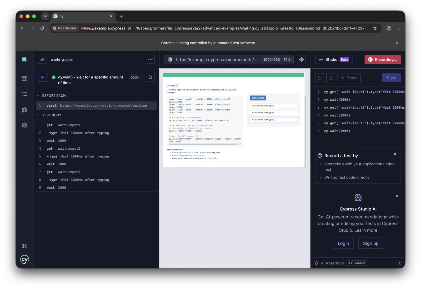 Cypress Test Runner with the command log on the left and the application under test rendered on the right