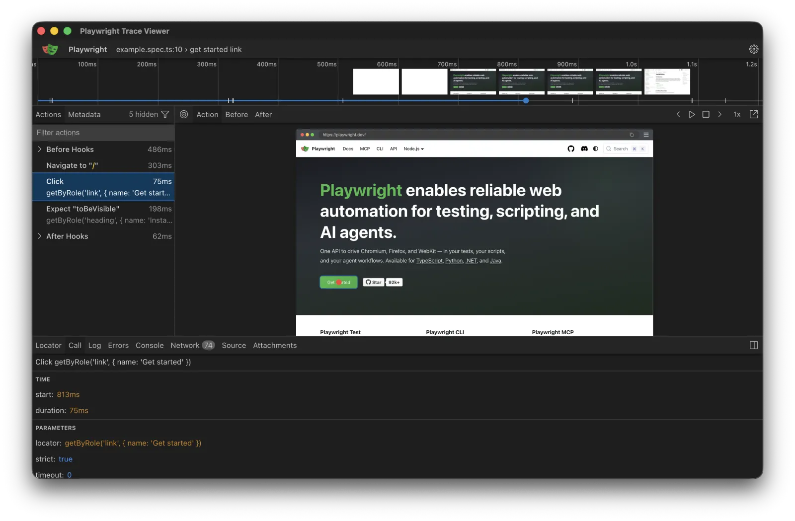 Playwright Trace Viewer showing an end-to-end test run with the action timeline, step list, and a DOM snapshot