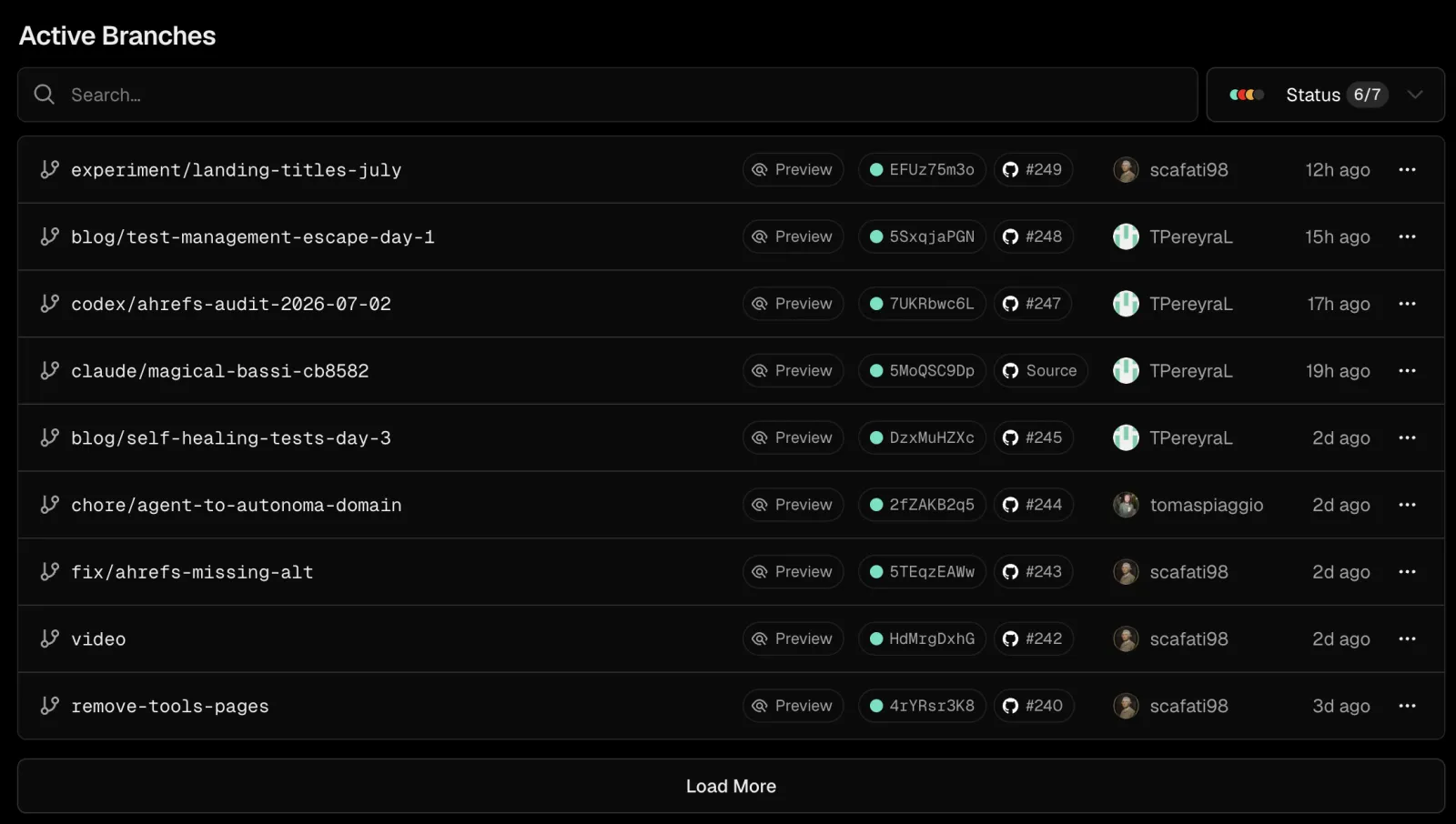 Vercel dashboard listing active branches, each with its own per-PR Preview deployment